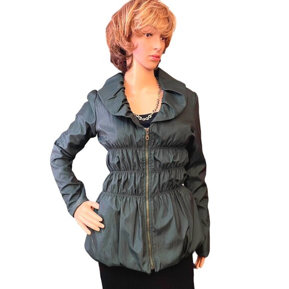 Green Silk Jacket Womens Sz XS to S with Ruffled Collar Cinched Waist - Picture 10 of 12